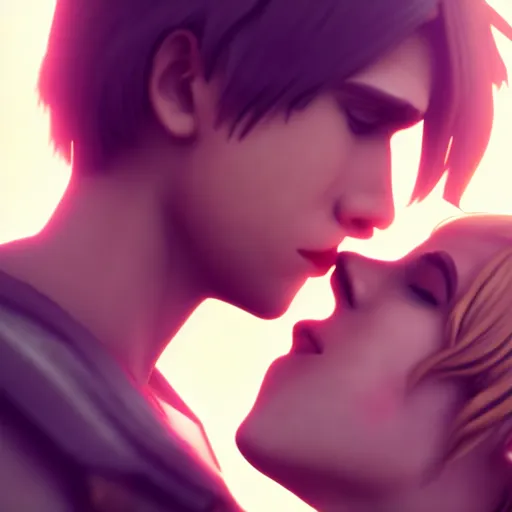 Image similar to Annie Leonhart kissing Anakin Skywalker, detailed face, love, bokeh effect, lesbian kiss, octane render, 8k wallpaper, love aesthetic