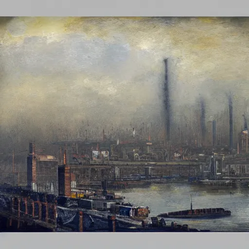 Prompt: Industrial London cityscape, art noveau, golden fog