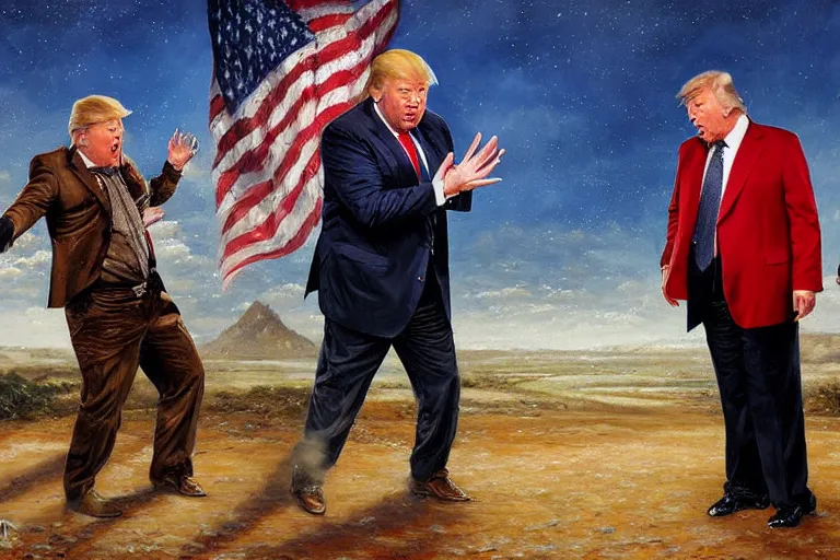 Image similar to portrait of donald trump and alex jones arguing, an oil painting by ross tran and thomas kincade