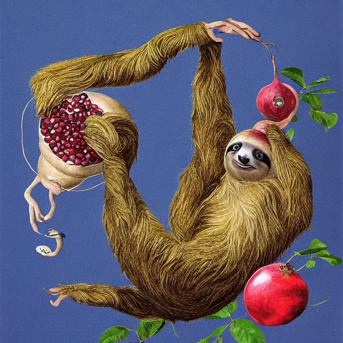 Prompt: sloth enjoying a pomegranate floating though space, in the style of dali