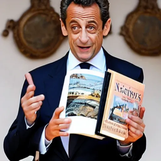 Prompt: photo of Nicolas Sarkozy showing a book