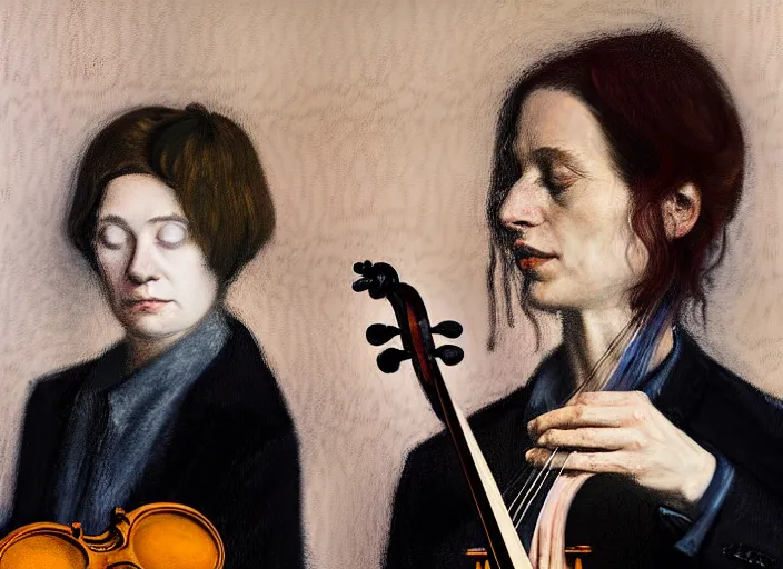 Image similar to portrait of two young violin players getting ready to perform looking, half figure front, francis bacon and pat steir and hilma af klint and james jean, psychological, photorealistic, intriguing details, rendered in octane, altermodern