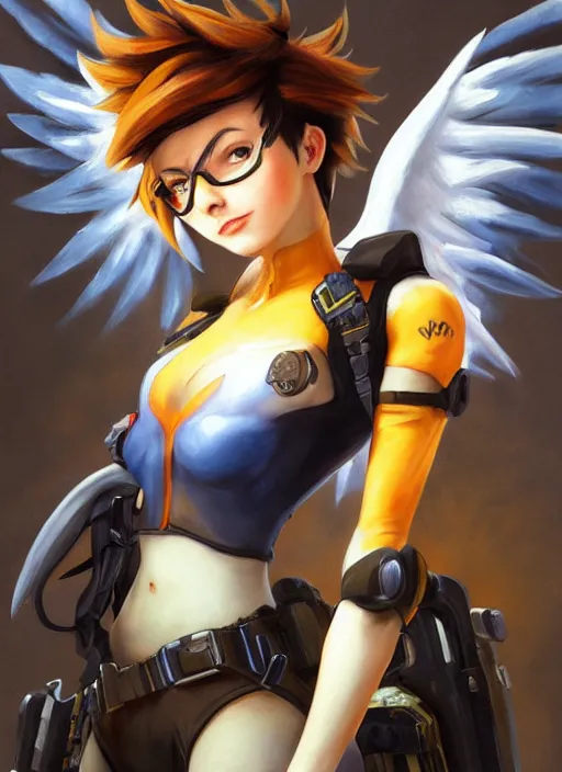 Prompt: full body oil painting of tracer overwatch in the style of sophie anderson, angel wings, black garment, dramatic painting, wearing steel collar,