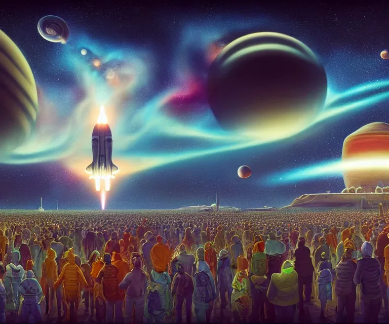 Image similar to hyper detailed 3d render like a Oil painting - crowds gather at a spaceport on a beautiful faraway planet to watch a rocket blast off, large gas giant in the dramatic nebula-filled alien sky, retrofuturistic science fiction vibe, by Jacek Yerka, Mariusz Lewandowski, Houdini algorithmic generative render, Abstract brush strokes, Masterpiece, Edward Hopper and James Gilleard, Zdzislaw Beksinski, Mark Ryden, Wolfgang Lettl, hints of Yayoi Kasuma, octane render, 8k