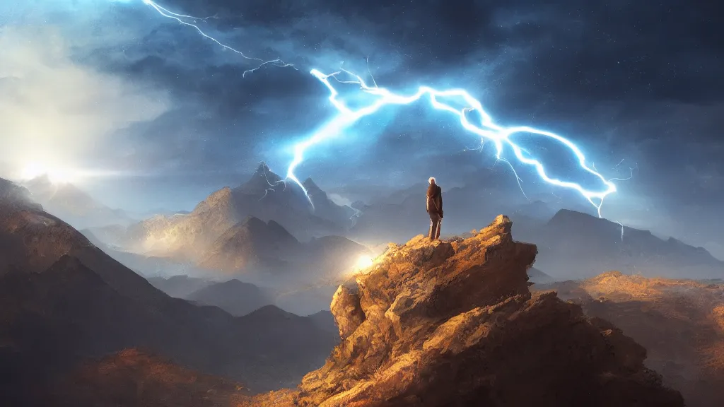 Image similar to someone standing at the peak of a mountain, big planet in the background, majestic, digital painting, cinematic lightning, highly detailed, trending on artstation