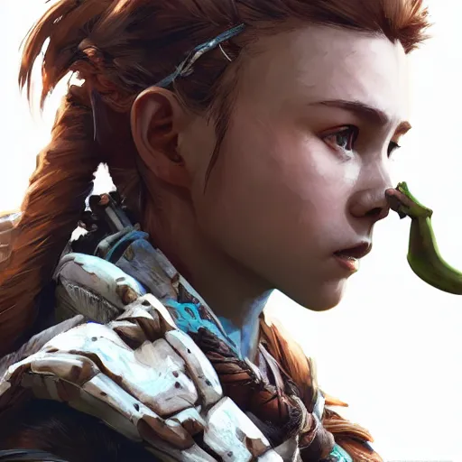 Image similar to wide shot, aloy from horizon zero dawn eating a bannana, digital art, highly detailed, digital painting, symmetry, concept art, sharp focus, illustration, art by artgerm! greg rutkowski magali villeneuve wlop! ilya kuvshinov!!, octane render