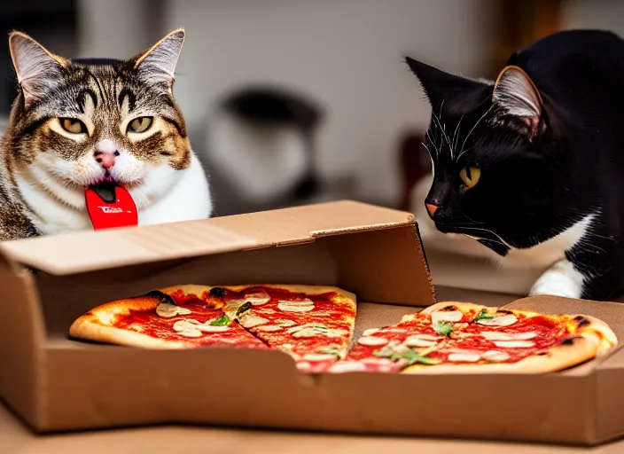 Image similar to photo of a very fat cat chewing pizza inside a cardboard box. nikon d 8 5 0 5 5 mm. dof. cinematic postprocessing.