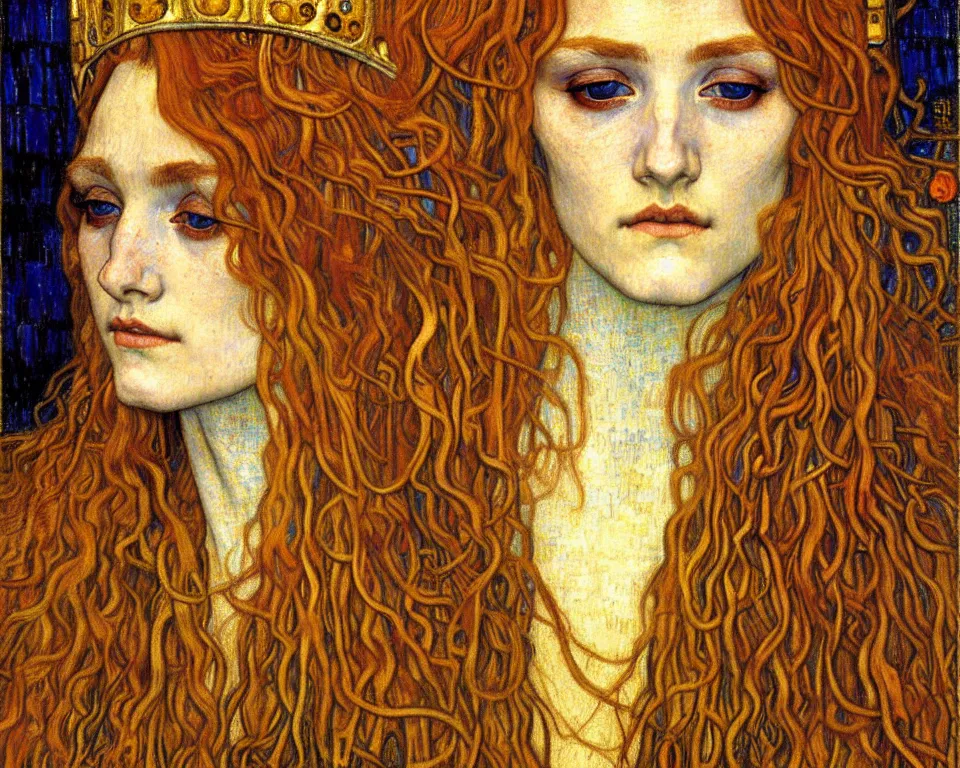 Image similar to detailed realistic beautiful young medieval queen face portrait by jean delville, gustav klimt and vincent van gogh, art nouveau, symbolist, visionary, gothic, pre - raphaelite, muted earthy colors, desaturated