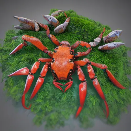 Image similar to voidless of the festival, large group of crabs and worms, crawling along a bed of moss, low poly, creeper world, handcrafted, artstation, hyperrealistic, hard light, best practices, creeptastic, photorealism, macro perspective, cuddly