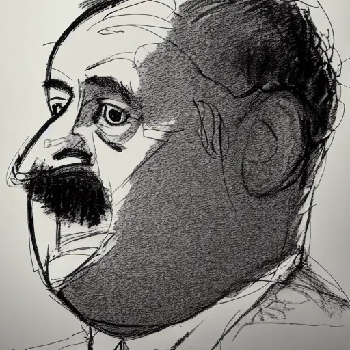 Prompt: a realistic yet scraggly portrait sketch of the side profile of a stern and sophisticated paul blart, trending on artstation, intricate details, in the style of frank auerbach, in the style of sergio aragones, in the style of martin ansin, in the style of david aja, in the style of mattias adolfsson