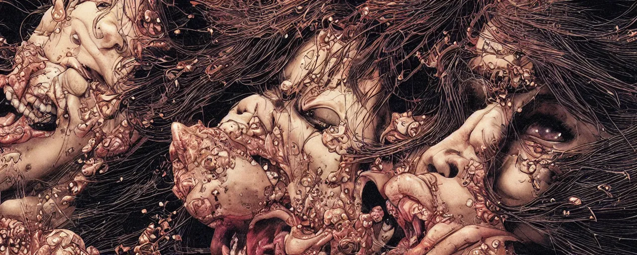 Image similar to closeup of face melting and tongues, by yoichi hatakenaka, masamune shirow, josan gonzales and dan mumford, ayami kojima, takato yamamoto, karol bak