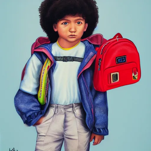 Prompt: realistic portrait 3 5 mm camera shot of a young child with a school bag very detailed, hyperrealistik 4 k