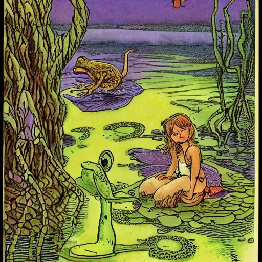 Prompt: garfield by h. p. lovecraft natural, ordered. print. a young girl is sitting on the edge of a pond, with her feet in the water. she is looking at a frog that is sitting on a lily pad in the pond.