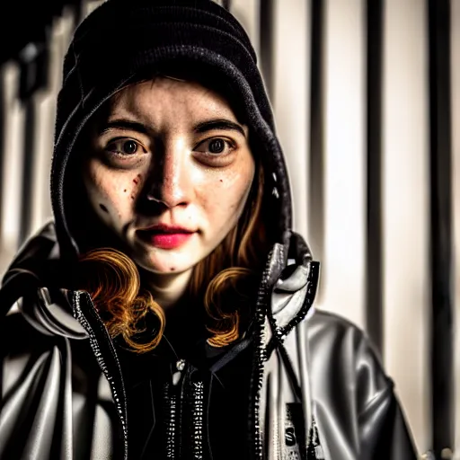 Image similar to photograph of a techwear mixed young woman inside a hidden busy speakeasy, closeup, brutalist design, sigma 85mm f/1.4, 4k, depth of field, high resolution, 4k, 8k, hd, full color