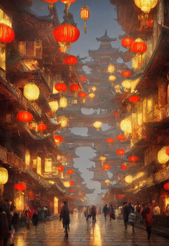 Image similar to epic scenery of a shopping street in the Chinese imperial city, intricate, elegant, volumetric lighting, digital painting, highly detailed, artstation, sharp focus, illustration, concept art, ruan jia, steve mccurry