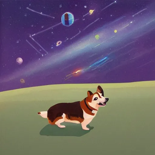 Prompt: a corgi puppy cosmonaut in space, digital painting by simon stalenhag, highly detailed, dramatic, vivid, beautiful, starry sky