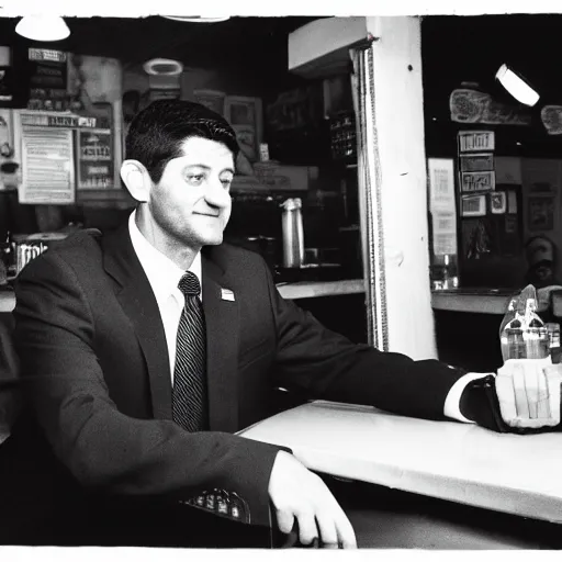 Image similar to Former House Speaker Paul Ryan alone at a dive bar. CineStill