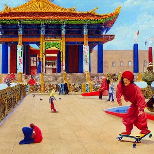 Image similar to orientalist painting of 6ix9ine skating outside of a majestic temple, 8k, very intricate, very detailed,