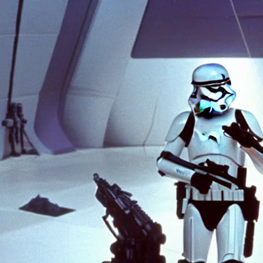 Image similar to a still of jennifer connelly shooting on stormtroopers in the empire strikes back (1980) - W 1080