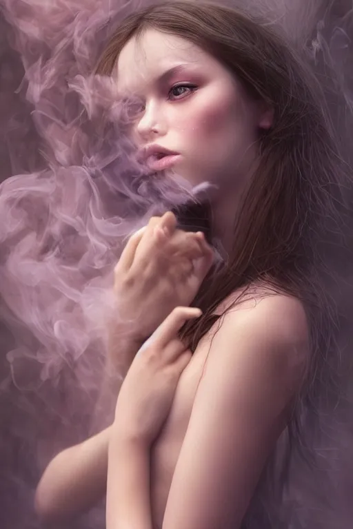 Image similar to photography inside a soul of a gorgeous young girl , searching for eternity, smoke out of her eyes, dark glowing forest in the style of stefan kostic, realistic, sharp focus, 8k high definition, high fashion, vogue, insanely detailed, soft light, colorful smoke, intricate, elegant, art by stanley lau and artgerm, sigma 85mm art