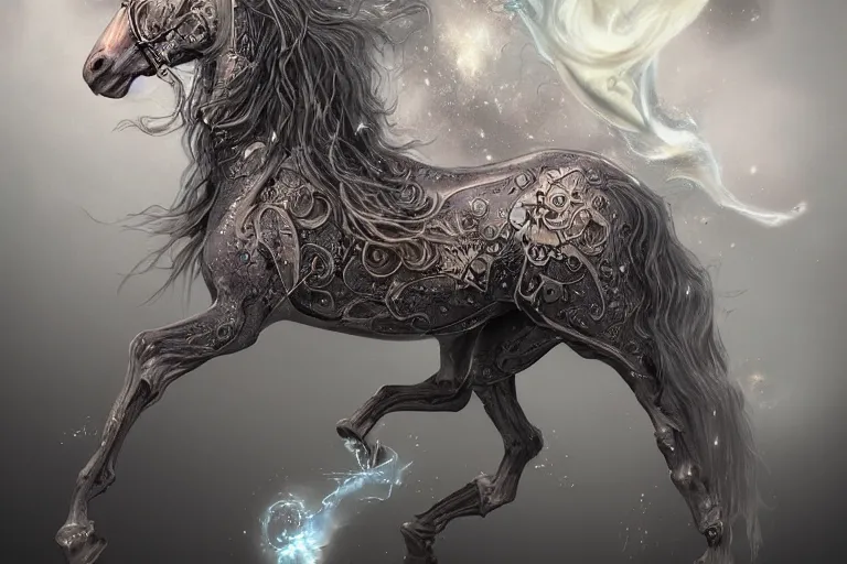 Image similar to a wlop 3 d render of very very very very highly detailed beautiful mystic portrait of a phantom undead horse with whirling galaxy around, tattoos by anton pieck, intricate, extremely detailed, digital painting, artstation, concept art, smooth, sharp focus, illustration, intimidating lighting, incredible art,