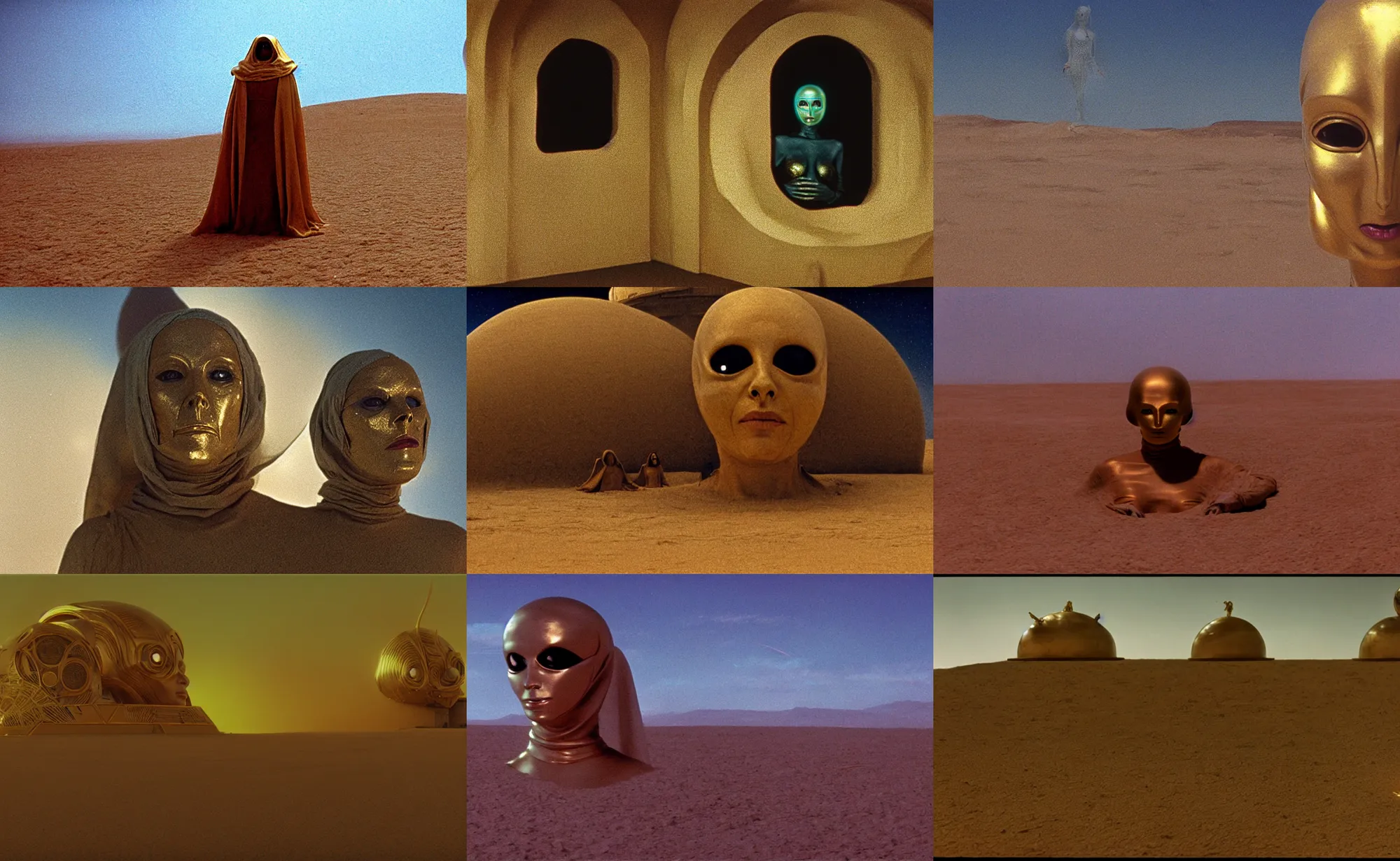 Prompt: the long - shot of bene gesserit in full - face golden glowing mask seeing the abandoned buildings under the sand, alien spaceship in the sky, film still from the movie directed by alejandro jodorowsky with cinematogrophy of christopher doyle and art direction by hans giger, anamorphic lens, kodakchrome, very detailed photo, 8 k,