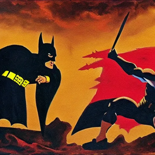 Image similar to a biblical duel between Batman and Satan, oil painting, 8k, Frank Miller