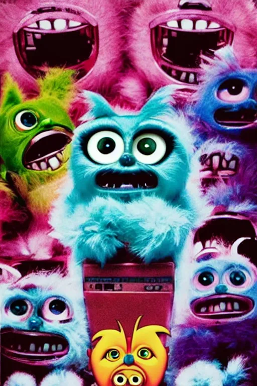 Prompt: horror movie poster for attack of the furbies!!!! furby!!! horrifying, scary movie