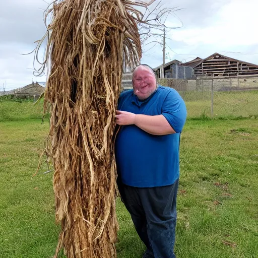 Image similar to a photo of a portly man with long hair holding a 1 0 m long yam