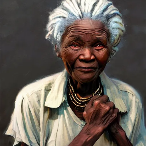 Image similar to Greg Manchess portrait painting of an old 80 year old African grandmother character, grey hair, dreads, jewellery, medium shot, athletic, asymmetrical, profile picture, Organic Painting, romantic light, matte painting, bold shapes, hard edges, street art, trending on artstation, by Huang Guangjian and Gil Elvgren and Sachin Teng