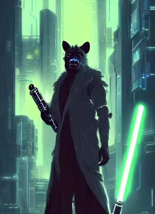 Prompt: beautiful portrait commission of a male furry anthro hyena fursona wearing jedi robes and wielding a yellow lightsaber in his left hand. Cyberpunk city at night in the rain. Neon light. Atmospheric. Character design by charlie bowater, ross tran, artgerm, and makoto shinkai, detailed, inked, western comic book art