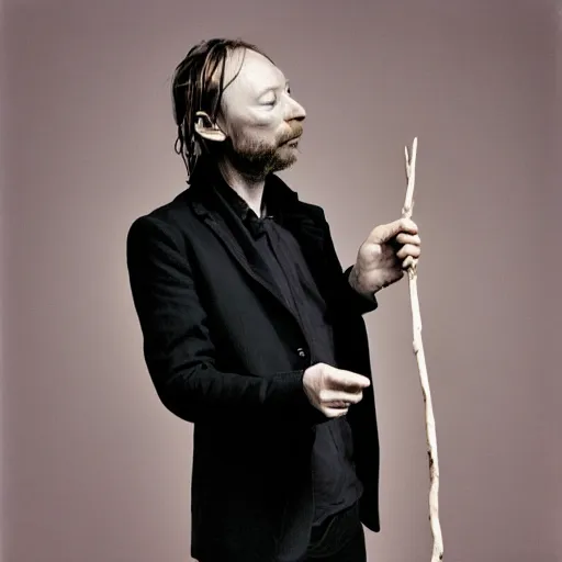 Image similar to Thom Yorke, Radiohead, holding the moon upon a stick, with a beard and a black jacket, a portrait by John E. Berninger, dribble, neo-expressionism, uhd image, studio portrait, 1990s