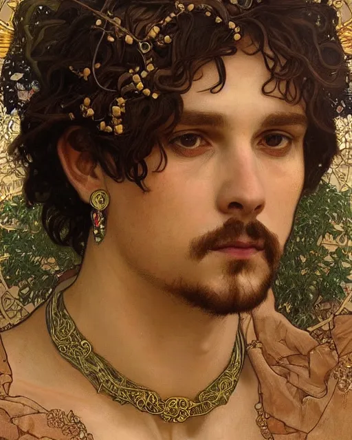 Image similar to a portrait of dionysus, realistic, beautiful, 8 k, by greg rutkowski, alphonse mucha, gustav klimt, ornate, very detailed, vines as jewelry, symmetry, sharp focus