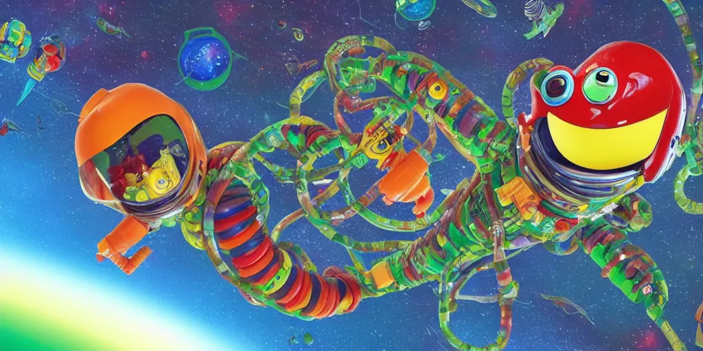 Image similar to a 3 d rendered movie still a gummi worm descendant 1 million years from now. gummi worm wears a spacesuit, and explores cosmos in a super awesome space ship. science fiction blockbuster movie gummi worms rule the world or my stepmom is a gummie worm from space, imax 7 0 mm. silent running
