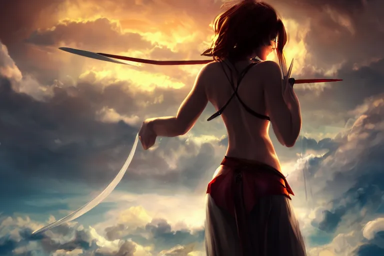 Image similar to back shot of one single beautiful girl, holding two swords, digital art by wlop. artstation contest winner, cinematic paint. lower shot. dramatic cloud in background. sunset