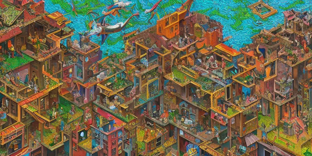 Image similar to virtual art museum in a 9 0's video game in the style of mc escher and heironymus bosch, colorful intricate masterpiece, hyper detailed, hd, sharp focus