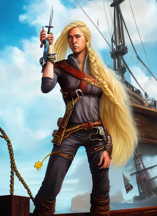 Image similar to An epic fantasy comic book style portrait painting of tall blonde haired female sky-pirate with a serious face and a pony tail in front of a metal gangplank in the style of the wheel of time, unreal 5, DAZ, hyperrealistic, octane render, cosplay, RPG portrait, dynamic lighting