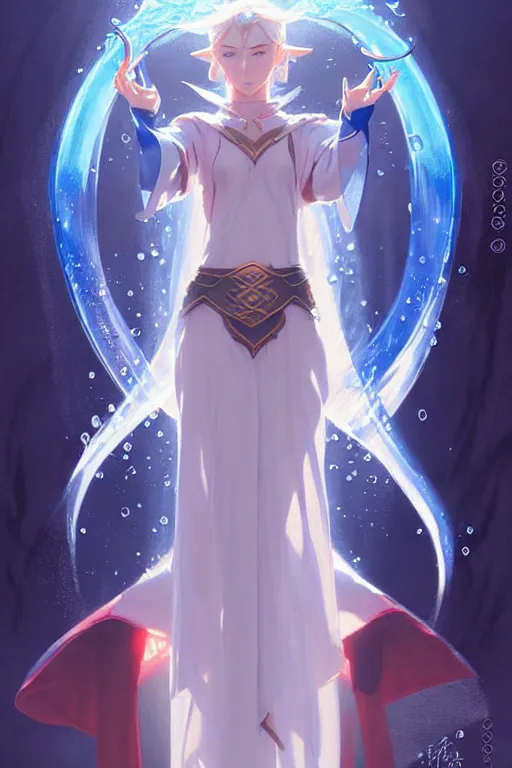 Prompt: elf female sorcerer doing water magic spells, blue robes, red hair, finely detailed perfect face, exquisite details, mid view, design on a white background, by studio muti, greg rutkowski makoto shinkai takashi takeuchi studio ghibli