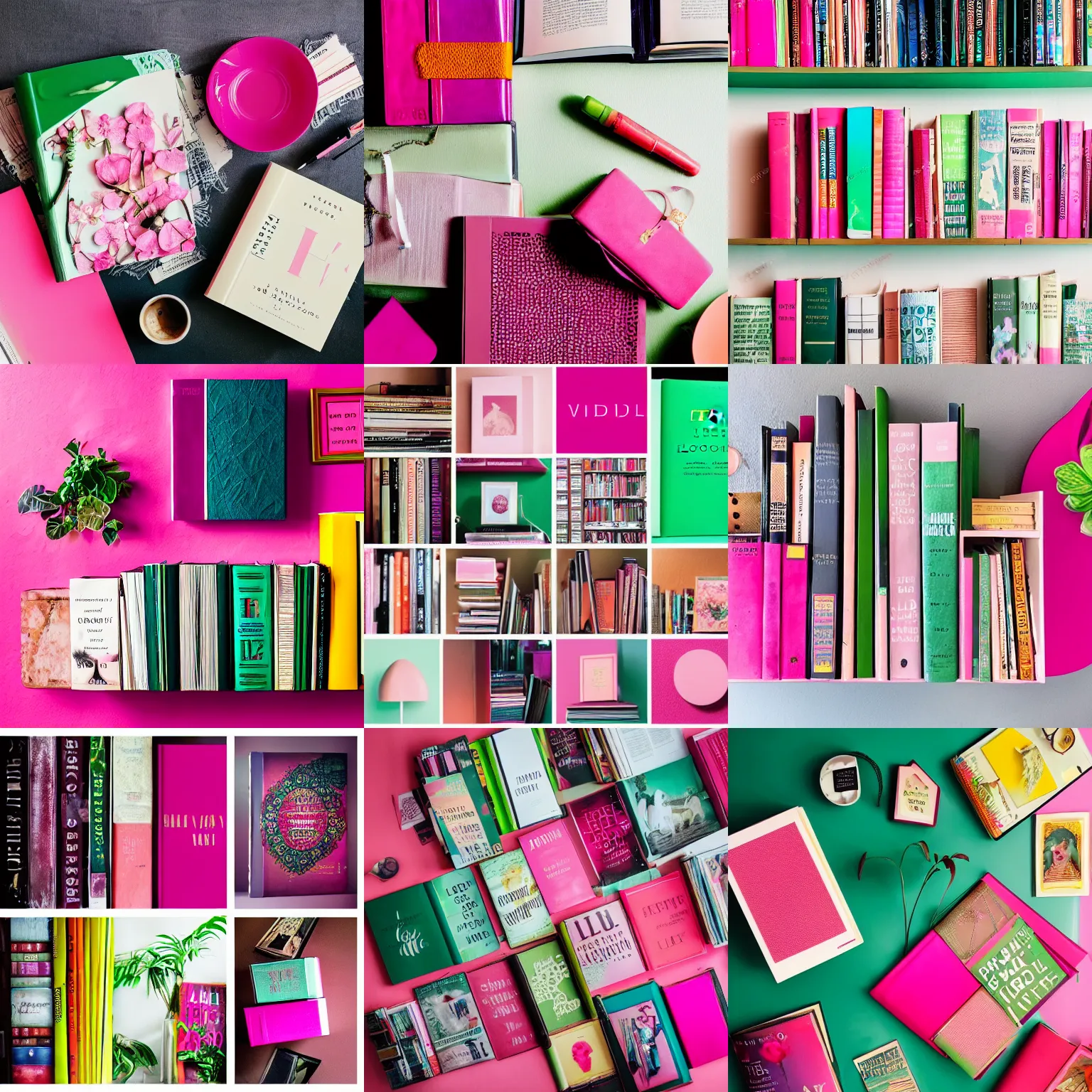 Prompt: flatlay book collection, vivid colors, dramatic lighting, pink and green