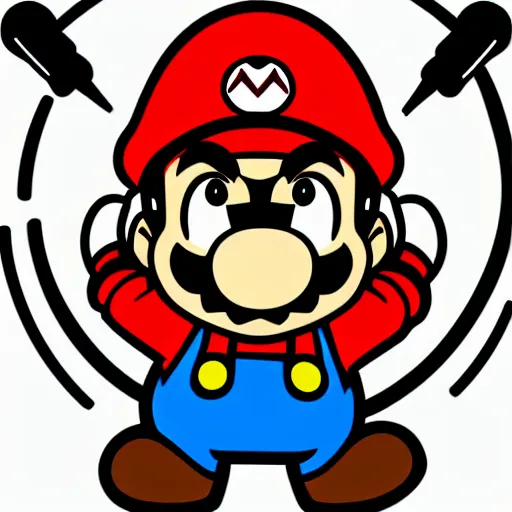 Image similar to svg sticker of a Pop-Wonder SuperMario, Mario-Wearing-a-red-hat, at a rave, spinning records, giant headphones rocking out, wearing headphones, huge speakers, dancing, rave, DJ, spinning records, digital art, amazing composition, rule-of-thirds, award-winning, trending on artstation, featured on deviantart