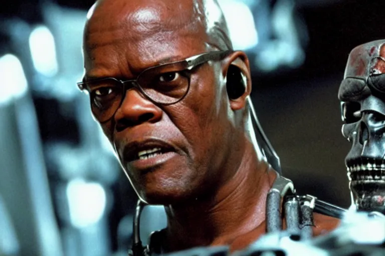 Prompt: Samuel L. Jackson plays Terminator and his endoskeleton is visible, portrait, scene from the film