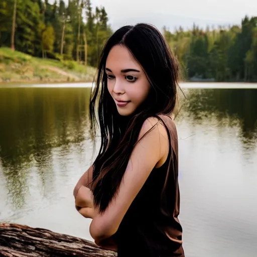 Image similar to real life photo of a beautiful girl, full body photoshoot, long black hair, full round face, short smile, brown shirt, lake setting, cinematic lightning, medium shot, mid - shot, highly detailed, trending on artstation, iso 2 0 0, f 1. 4, 8 0 mm, 8 5 mm, natural light