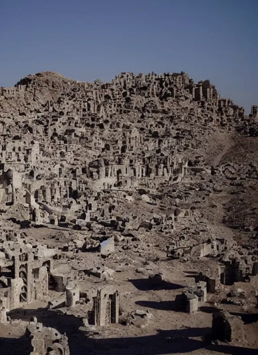 Prompt: a barren blue desert scattered with the ruins of towering statues of blue women