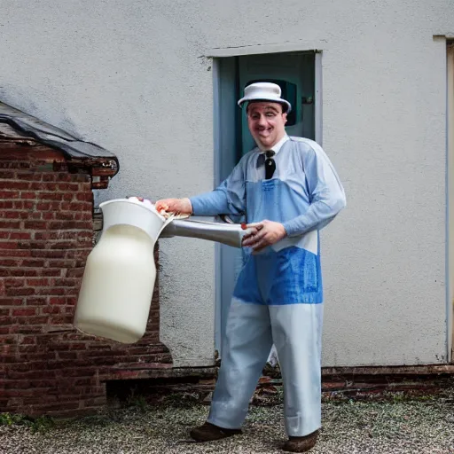 Prompt: Milkman very falsely happily giving the delicious milk to a house, 40nm, shallow depth of field, split lighting, 4k,