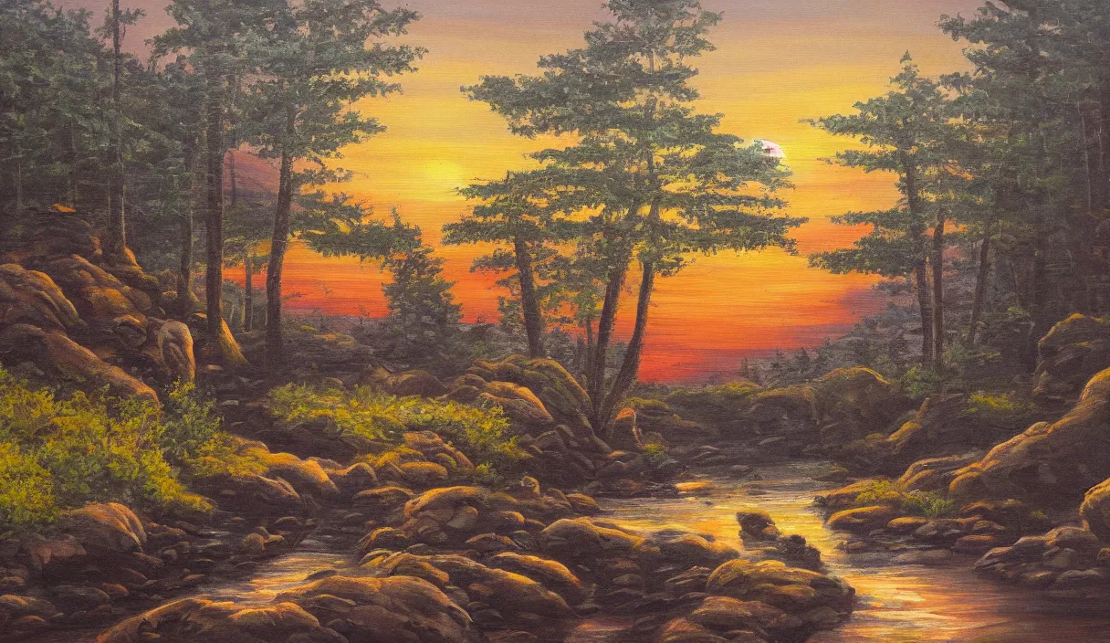 Prompt: a painting of a sunset with a forest, a crystalline stream with rocks and a wood cabin