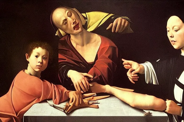 Image similar to A holy painting on an altarpiece of pop culture memes by Caravaggio,