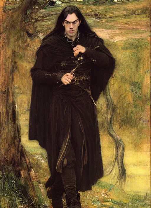 Image similar to a beautiful painting of elrond by John Everett Millais and Dante Gabriel Rossetti and John Collier and john william waterhouse, pre-raphaelite, detailed, trending on artstation, hd, masterpiece