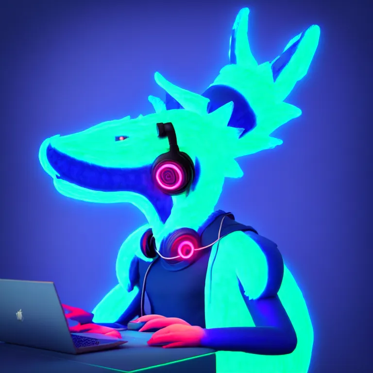 Image similar to an anthropomorphic male blue dragon fursona wearing an indigo t - shirt, headphones on his head, laptop, neon lights, furry, vivid saturation, 3 d render, octane render