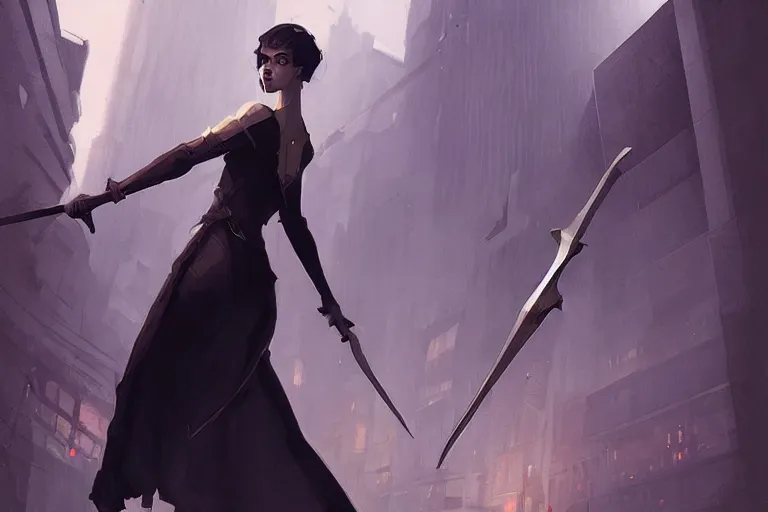 Image similar to seductive goddes holding a grim reapers tool in a modern city in the style of Durand and greg rutkowski, beautiful, geometric, trending on artstation, cinematic