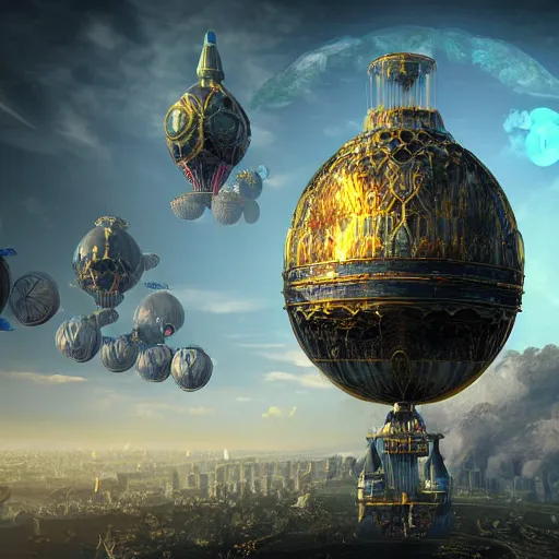 Image similar to enormous flying city in a gigantic faberge egg, sky, steampunk, fantasy art, unreal engine,